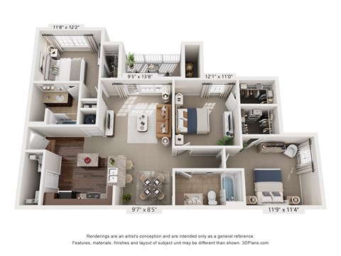 Floor plan for 3 beds, 2 baths, 1255 sqft